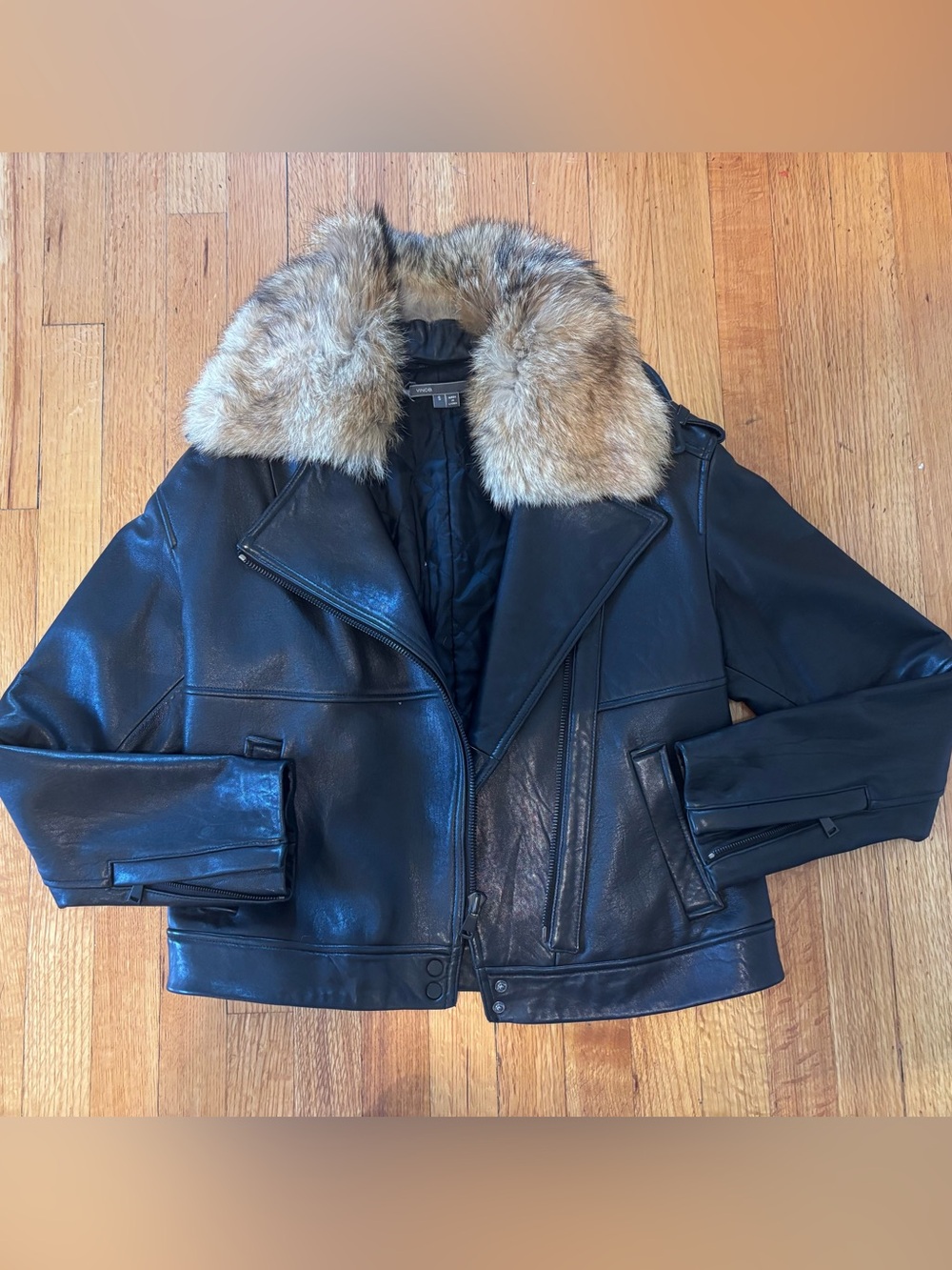 Vince Black Leather Jacket with Coyote Fur Trim - Sz Small